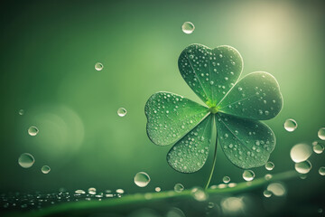 Clover leaf with water dew on green bokeh background with empty copy space. Generative ai.