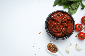 Concept of tasty food - sun-dried tomato, space for text