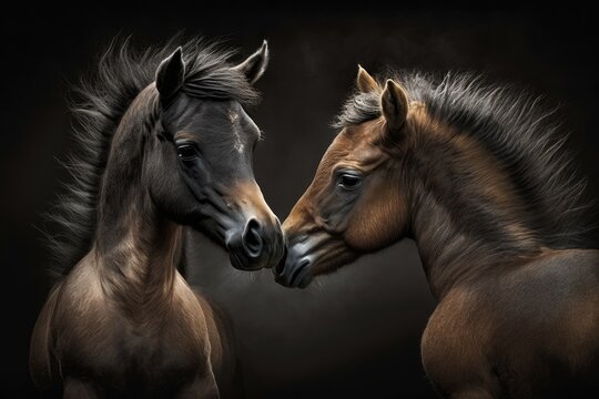 Two foals softly playing. Generative AI