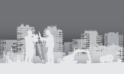 Building construction site with a tower crane and engineer and workers.Vector paper cut style.