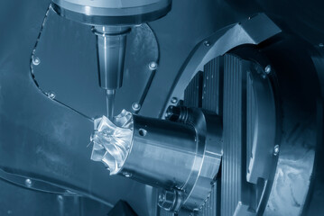 The 5-axis CNC milling machine  cutting the turbocharger part with solid ball end mill tool.