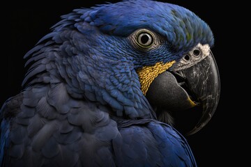Detail of a portrait of the Hyacinth Macaw (Anodorhynchus hyacinthinus) on a black background. Generative AI