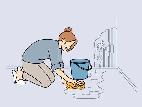 Worried Woman Cleaning Water On Floor From Broken Pipe. Anxious Frustrated Female Collect Water From Burst Pipes. Vector Illustration. 