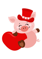 Adorable pig with red hat and a red heart