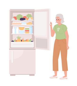 Elderly woman opening fridge door semi flat color vector character. Editable figure. Full body person on white. Simple cartoon style spot illustration for web graphic design and animation