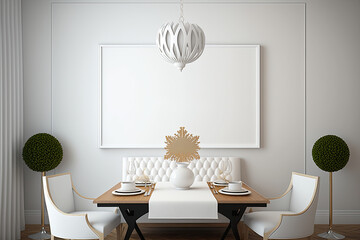 blank white mockup of a wall interior with a dining table and decorations, generative AI