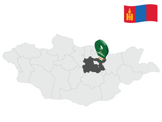 Location of Province Tov on map Mongolia. 3d Tov location sign. Flag of Ulaanbaatar. Quality map with  Provinces of Mongolia for your web site design, logo, app, UI. Stock vector. EPS10.