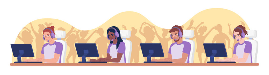 E-sport tournament 2D vector isolated spot illustration. Professional video gaming team players flat characters on cartoon background. Colorful editable scene for mobile, website, magazine © The img