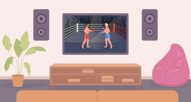 Two-player fighting game on tv screen flat color vector illustration. Watching boxing match. Hero image. Fully editable 2D simple cartoon living room interior with widescreen television on background