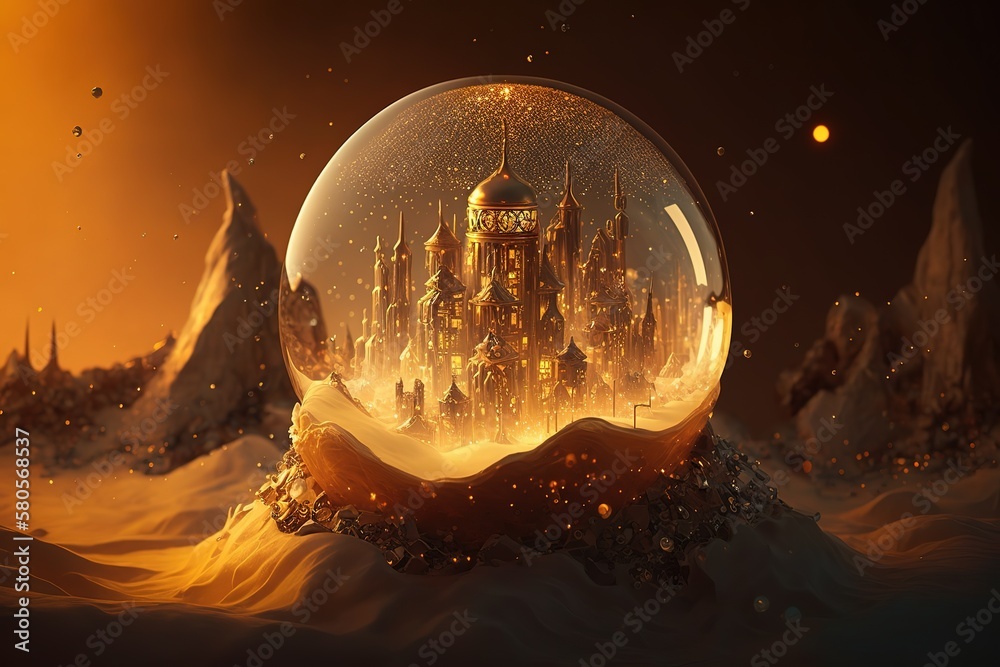 Aufkleber a crystal ball with a palace covered in gold dust inside. generative ai