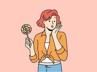 Woman in retro style holding lollipop in hands. Female in pin-up outfit with candy in hands. Vintage fashion concept. Vector illustration. 