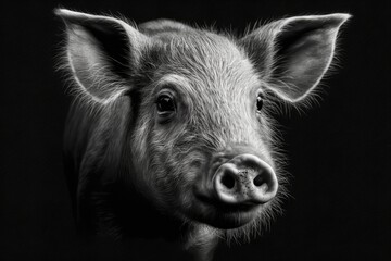 Close up of a black and white pig's face on a black background. Generative AI