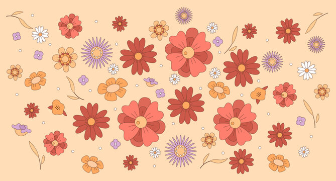 Countryside flowers flat color vector illustration. Pattern image. Wildflowers blossoming. Summertime flora blooming. Fully editable 2D simple cartoon ornament with light orange background