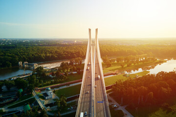Aerial drone view of Redzinski bridge over Odra river in Wroclaw city, Poland. Large cable stayed...