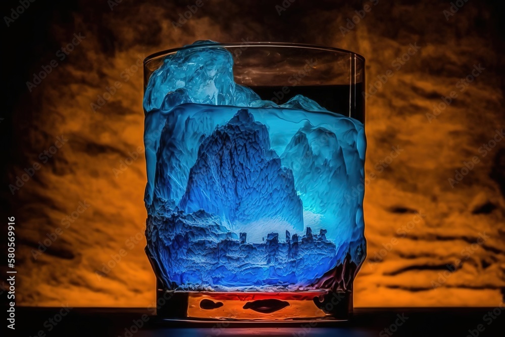 Poster glass beaker with water and ice in the form of a landscape. generative ai
