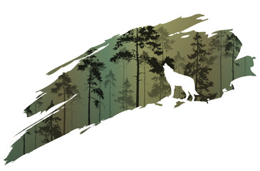 a fragment of the background with a forest and a wolf for your design. Vector illustration	 - 580569947