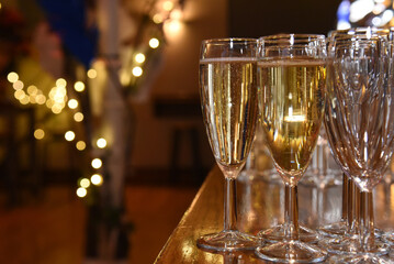 Champagne or sparkling wine with fairy lights 
