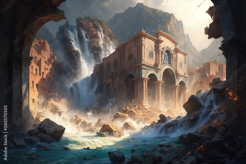 Poster An old abandoned building with columns and a large waterfall flowing right down the building onto sharp stones. Generative AI