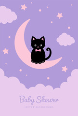 vector background with a black cat on the moon in the sky for banners, baby shower cards, flyers, social media wallpapers, etc.