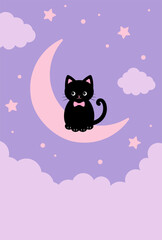 vector background with a black cat on the moon in the sky for banners, baby shower cards, flyers, social media wallpapers, etc.