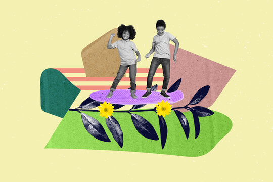 Creative collage picture of two mini black white colors kids stand ride big skateboard flowers instead wheels isolated on painted background