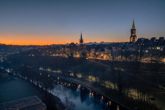 Switzerland, Bern Canton, Bern, View of Rosengarten park promenade at dawn