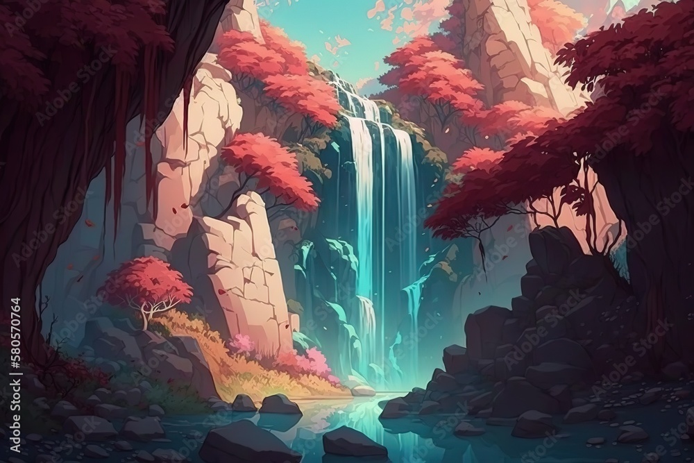 Poster a stormy waterfall flows down streams of water from a large rock under a blue sky. generative ai