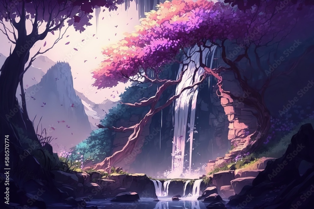 Aufkleber a stormy waterfall flows down streams of water from a large rock under a blue sky. generative ai