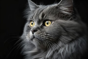 Front view of a portrait of a gray cat with fur looking at a black background. Generative AI