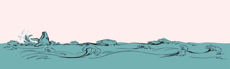 Vector drawing. Whale swims in the sea