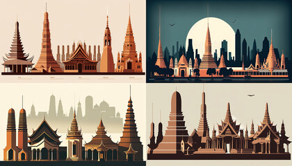 Fototapeta premium Bangkok thailand landmarks, vector illustration silhouette, Made by AI,Artificial intelligence