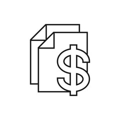 Dollar sign on paper. Financial statements. Money documents, banknote line icon isolated on white background. Vector illustration