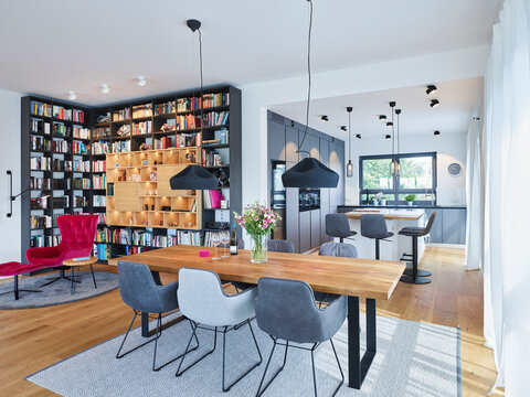Furniture arranged in living room of modern apartment
