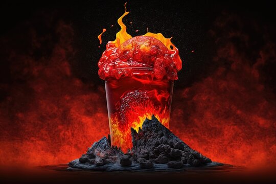 A delicious cocktail with berries in a glass stands against the backdrop of a flame. Generative AI