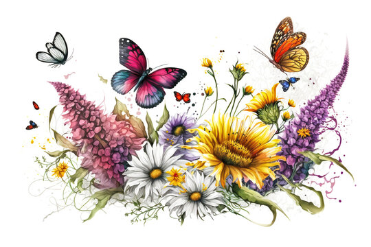 Flowers and butterfly floral design element, illustration generative AI