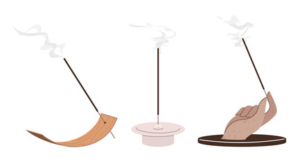 A collection of incense sticks and incense holders. Meditation or incense concept illustration.