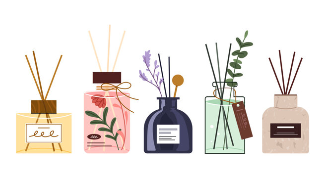 A collection of different diffusers. Illustration of interior accessories and incense products.