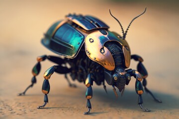 A robotic beetle, a combination of a machine and an insect, a futuristic vision of the future, AI generated