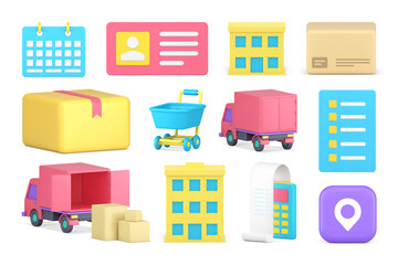 Cargo courier delivery online shopping purchase transportation set 3d icon realistic vector