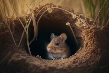 A field mouse sitting in the entrance to its burrow, AI generated