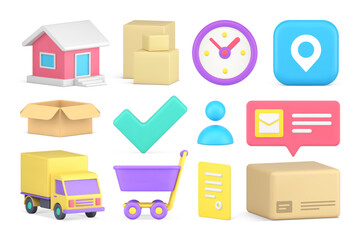 Obraz premium Delivery 3d icon set commercial cargo shipment online shopping postal courier transportation vector
