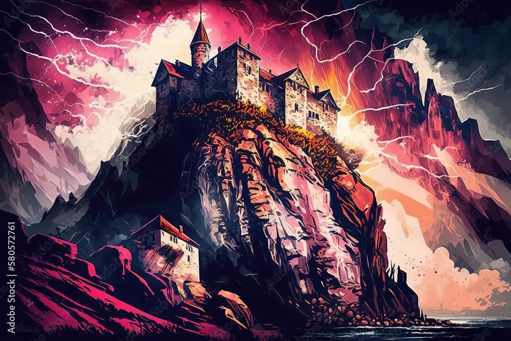 Aufkleber an old castle on a rocky hill under a gloomy sky with mountain clouds. generative ai