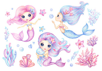 Cute Mermaid, Set beautiful Little Mermaids watercolor clipart, Fairytale Sea Cartoon Illustration, Undersea Baby princess with octopus, seaweed, coral and flowers for girls birthday invitation card - obrazy, fototapety, plakaty