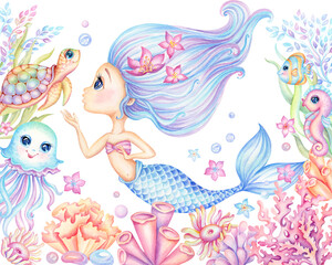 Little mermaid and Sea animals in floral frame. Fantasy Underwater life landscape with mermaid, turtle, jellyfish, plants, algae and corals. Illustration hand painted with watercolor cartoon style - 580572774