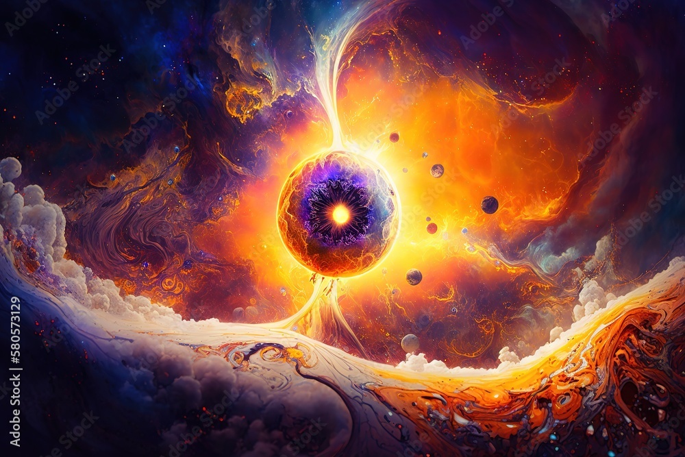 Poster fireball above the surface of the planet, dark earth with fiery flames. generative ai