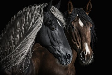 Naklejka na ściany i meble Close up of two horses on a black background. Generative AI