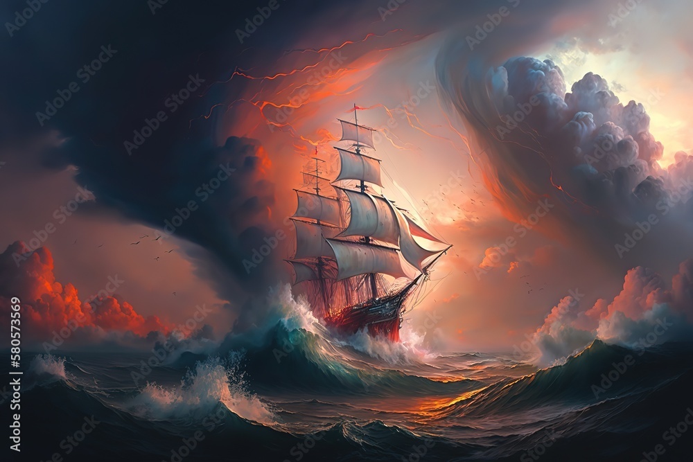 Poster a beautiful ship with white sails on the high seas with huge waves. generative ai