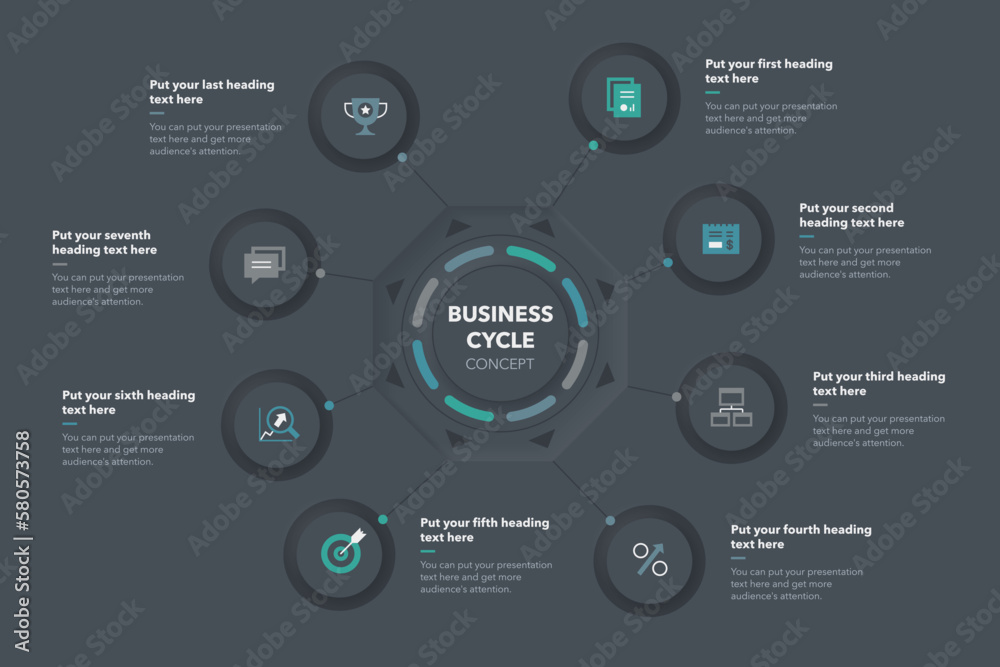 Poster business cycle template with eight stages - dark version. slide for business presentation.