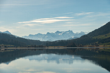 Beautiful alpine scenery at the lake Aegerisee in Switzerland