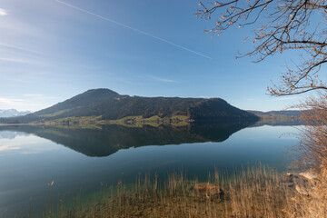 Beautiful alpine scenery at the lake Aegerisee in Switzerland